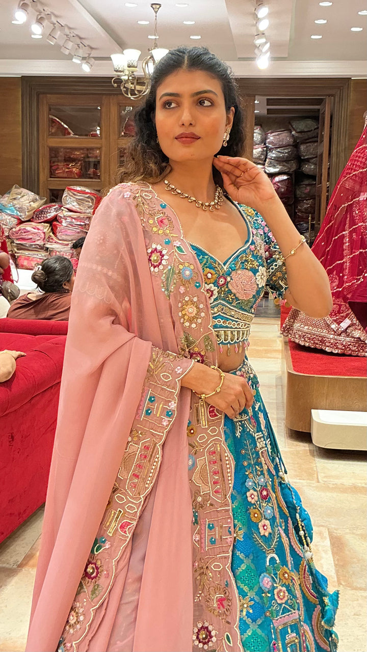 Turquoise Blue Heritage Embroidered Bridal Lehenga Set