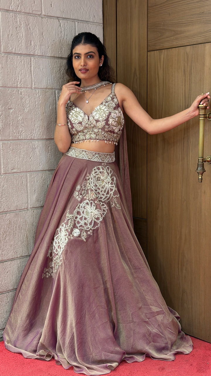 Dusty Mauve Designer Lehenga Set with Floral Embroidery & Elegant Cape Dupatta