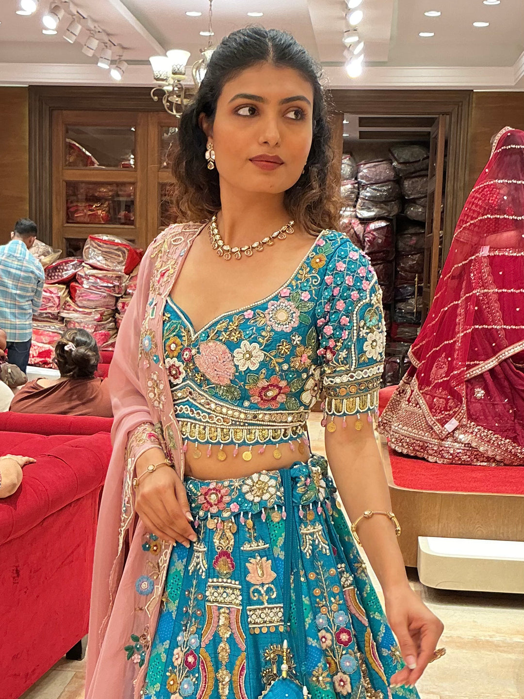 Luxury Turquoise Blue Bridal Lehenga Set with Floral Embroidery & Pink Dupatta