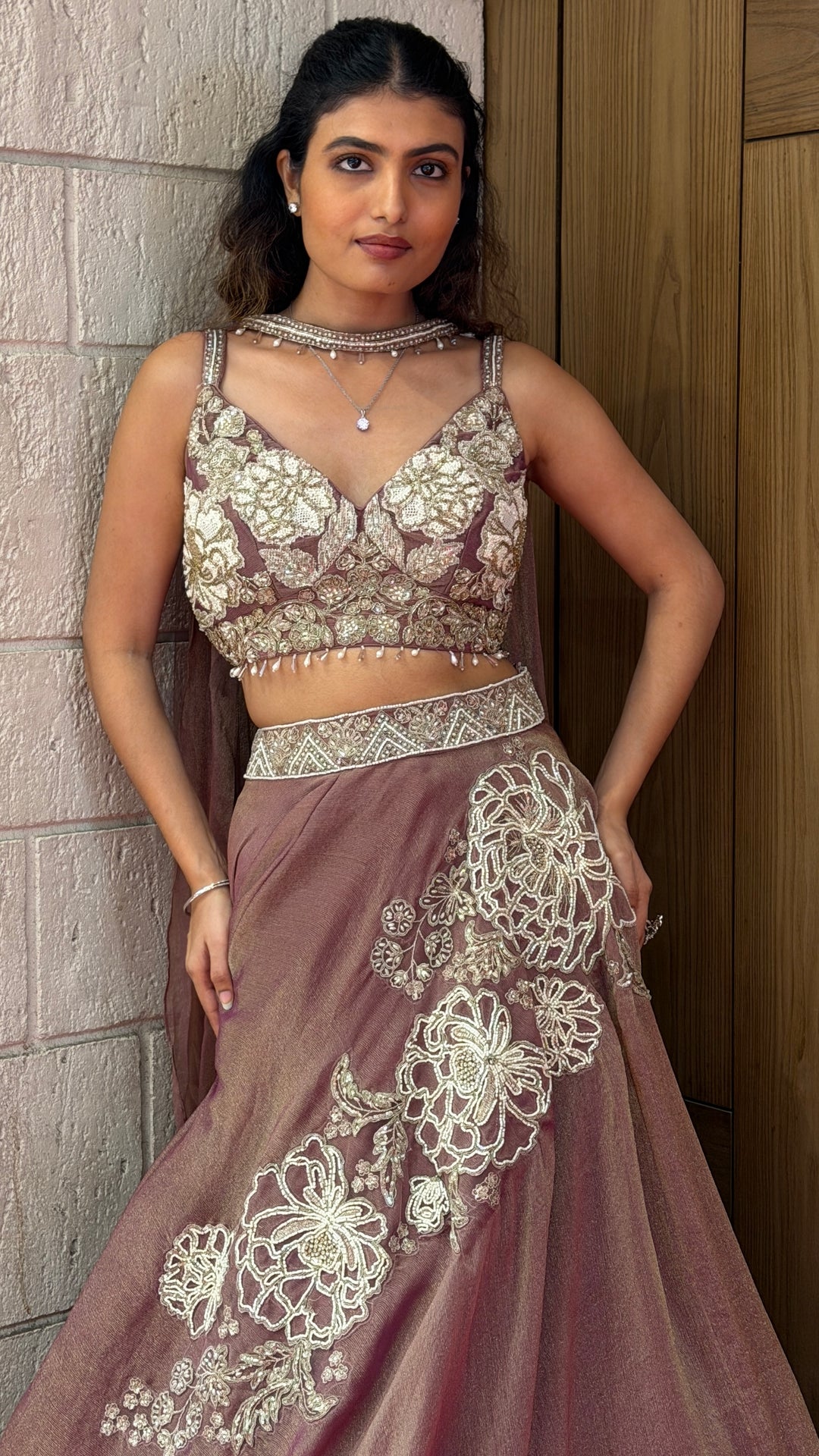 Dusty Mauve Designer Lehenga Set with Floral Embroidery & Elegant Cape Dupatta