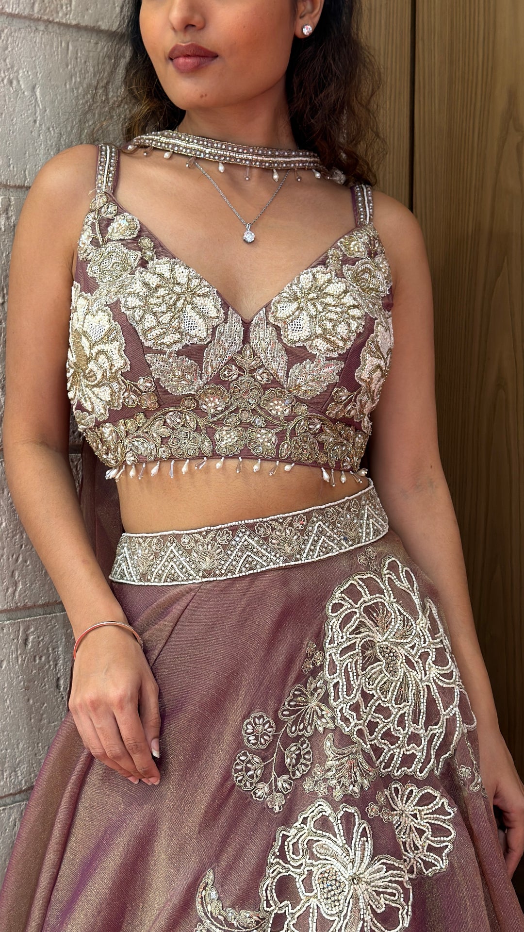 Dusty Mauve Designer Lehenga Set with Floral Embroidery & Elegant Cape Dupatta