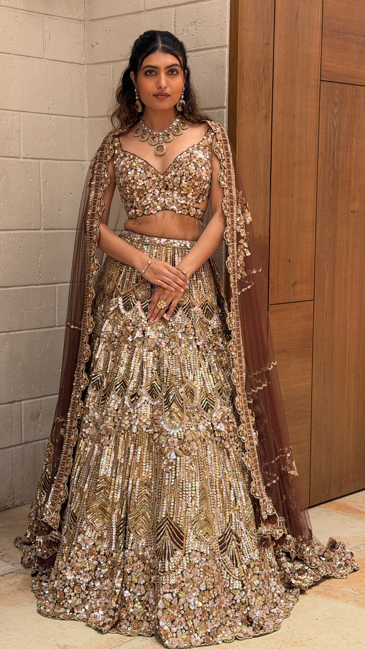 Luxury Rose Gold Sequin Bridal Lehenga with Heavy Hand Embroidery