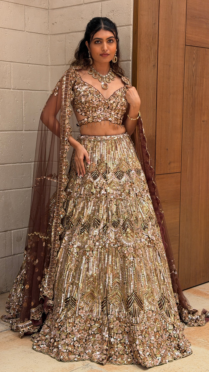 Luxury Rose Gold Sequin Bridal Lehenga with Heavy Hand Embroidery