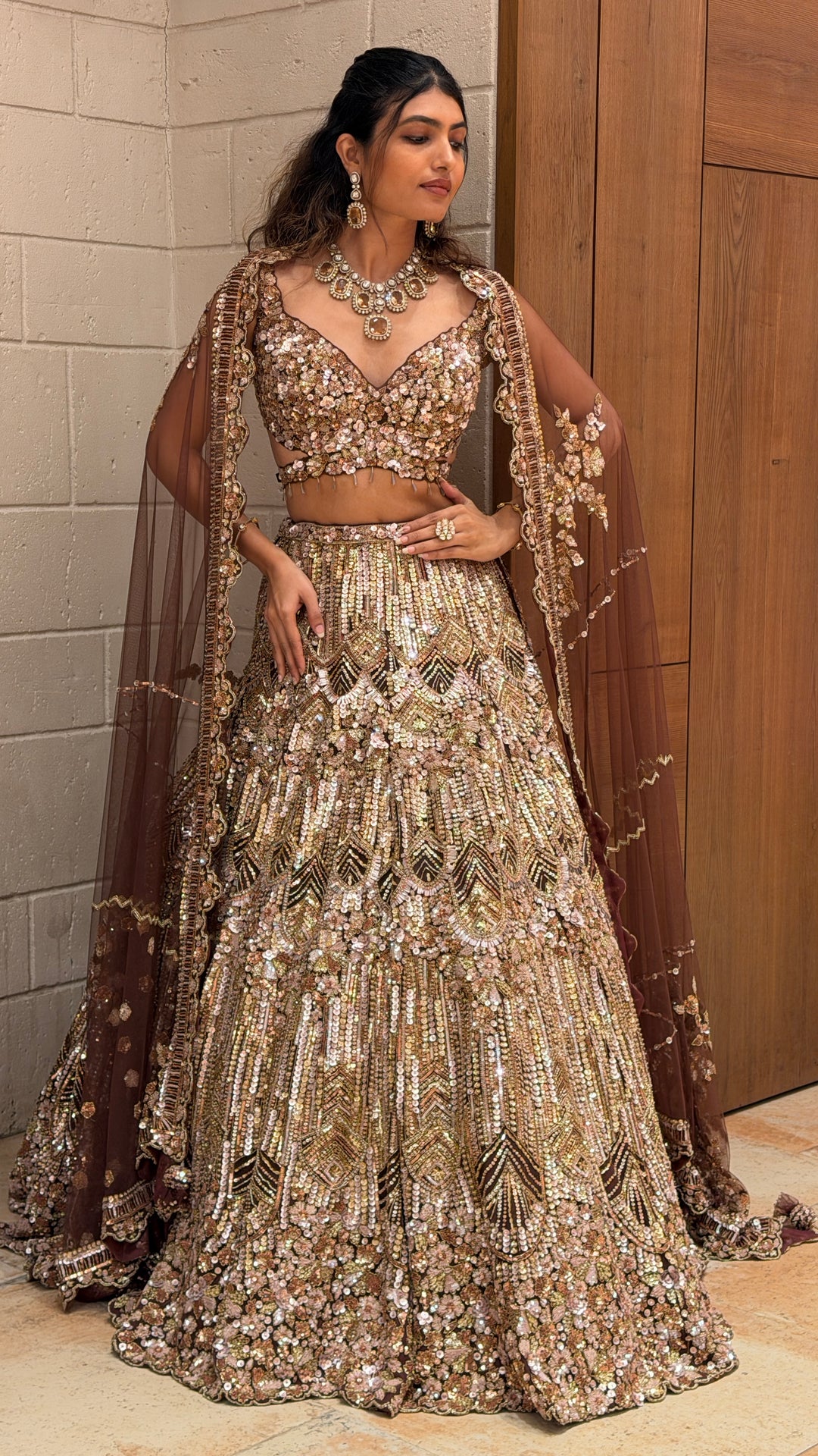 Luxury Rose Gold Sequin Bridal Lehenga with Heavy Hand Embroidery