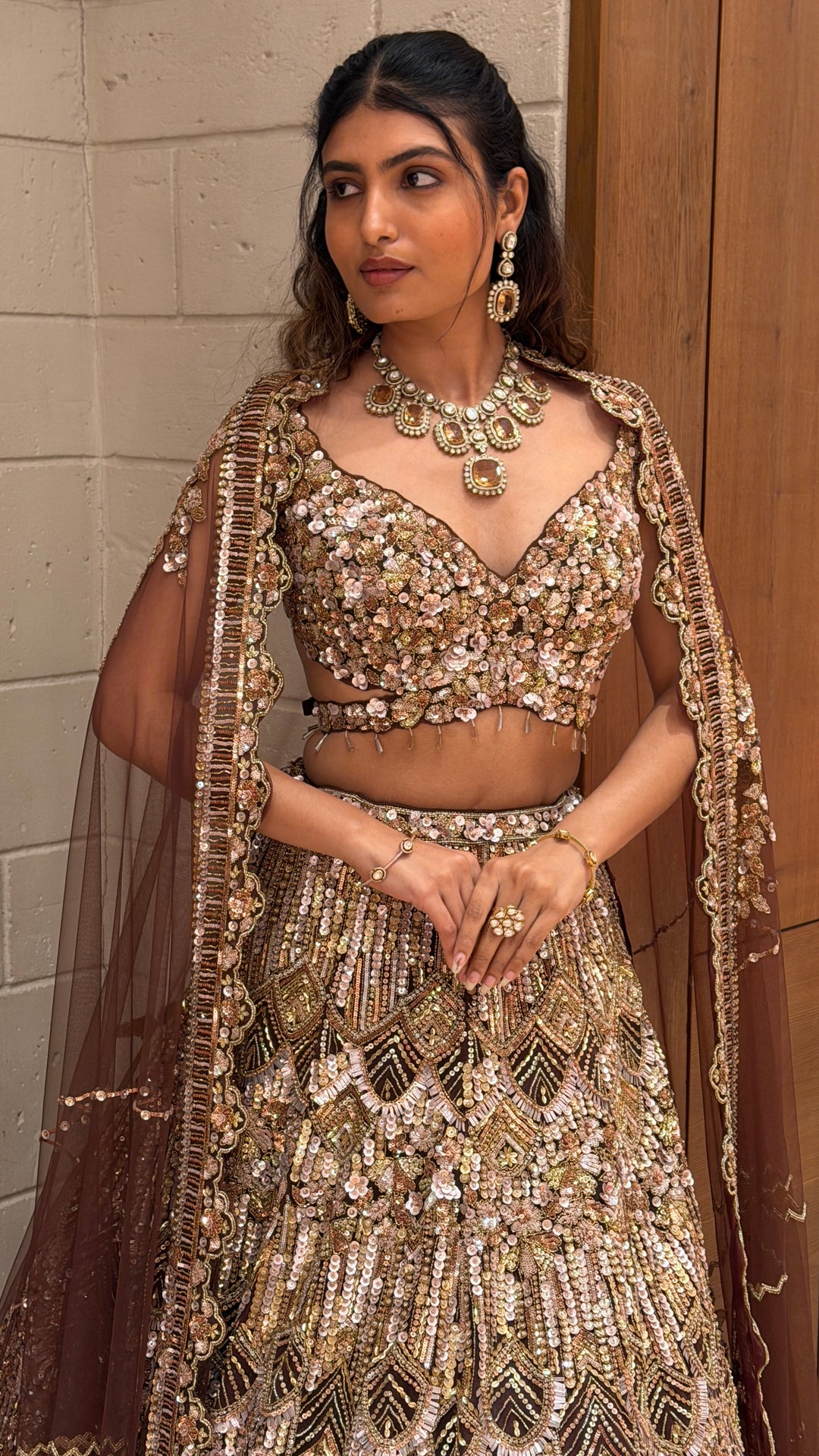 Luxury Rose Gold Sequin Bridal Lehenga with Heavy Hand Embroidery