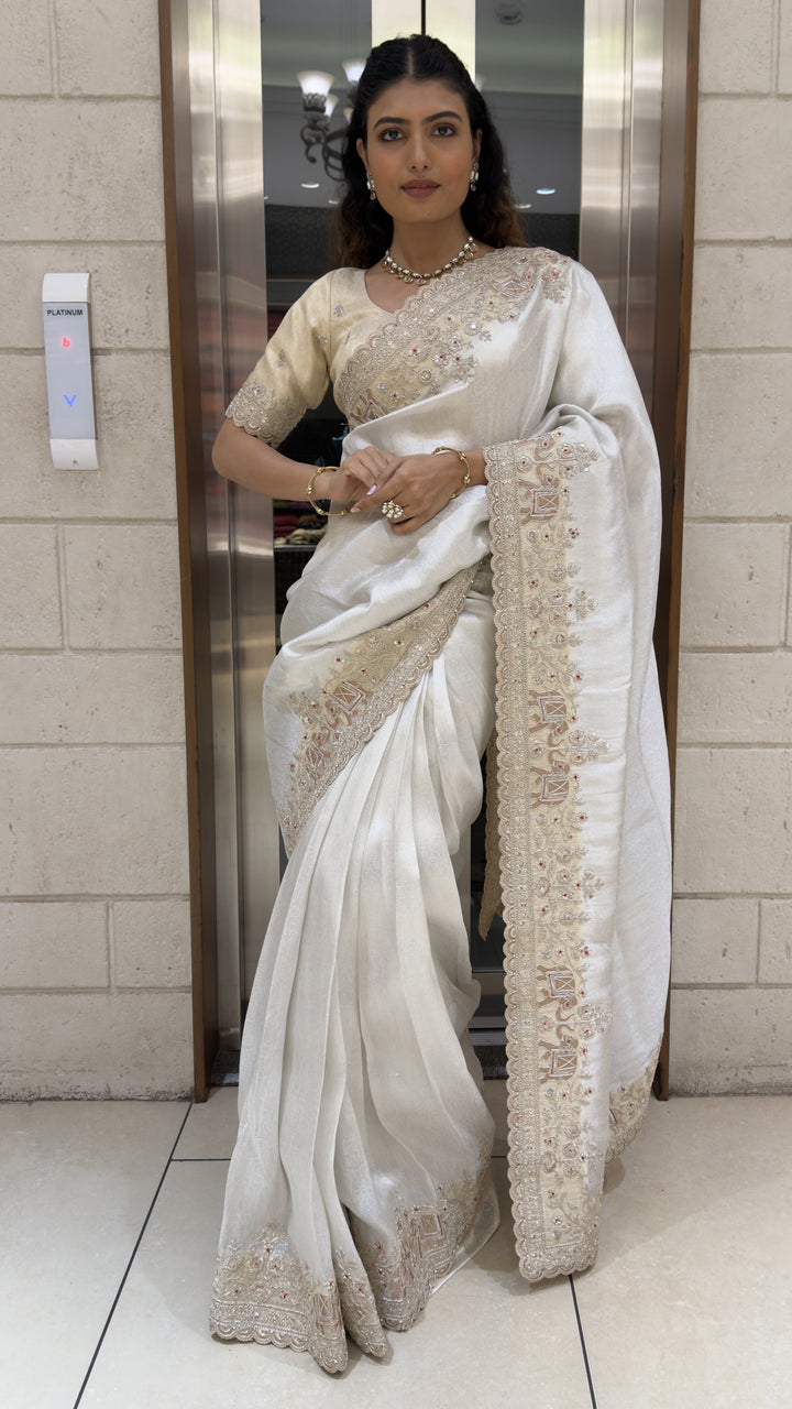 Ivory White Designer Embroidered Silk Saree with Handcrafted Border