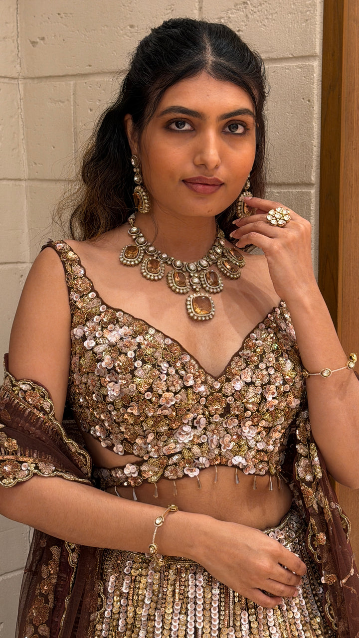 Luxury Rose Gold Sequin Bridal Lehenga with Heavy Hand Embroidery