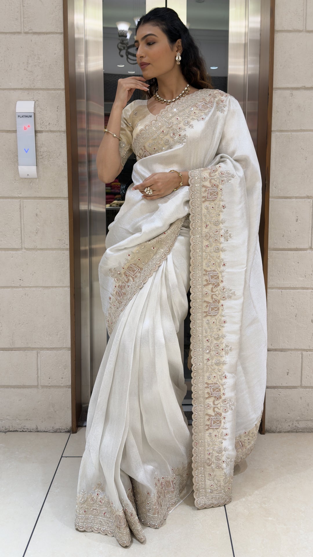 Ivory White Designer Embroidered Silk Saree with Handcrafted Border