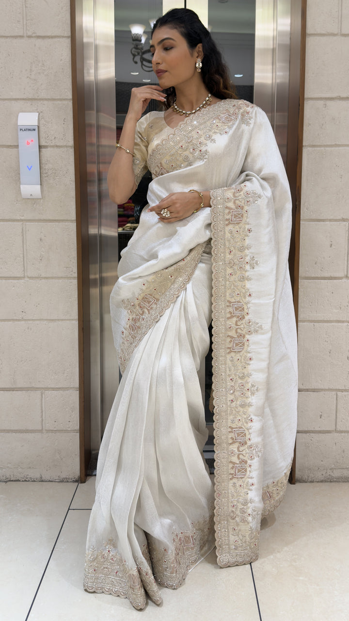 Ivory White Designer Embroidered Silk Saree with Handcrafted Border