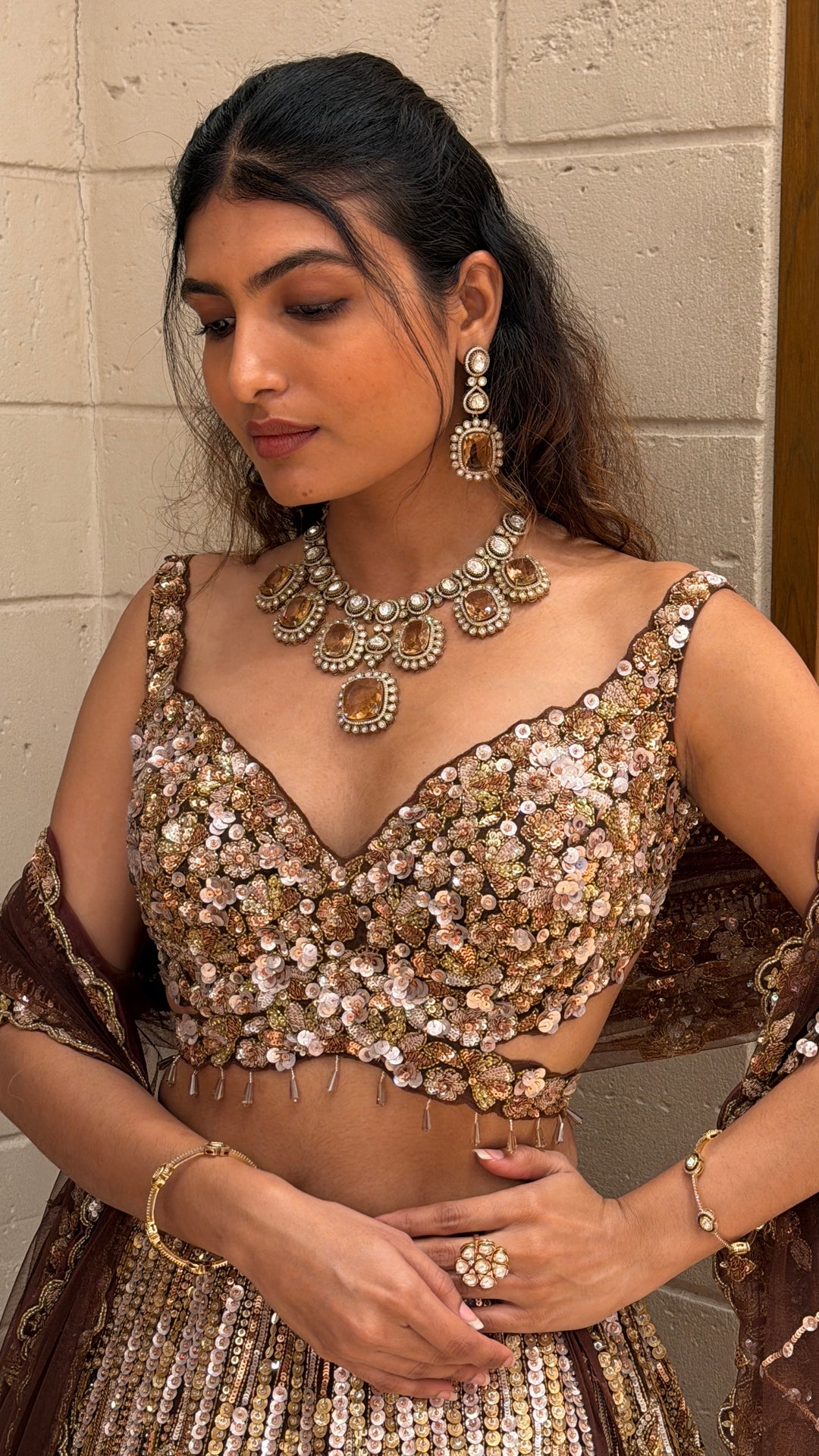 Luxury Rose Gold Sequin Bridal Lehenga with Heavy Hand Embroidery
