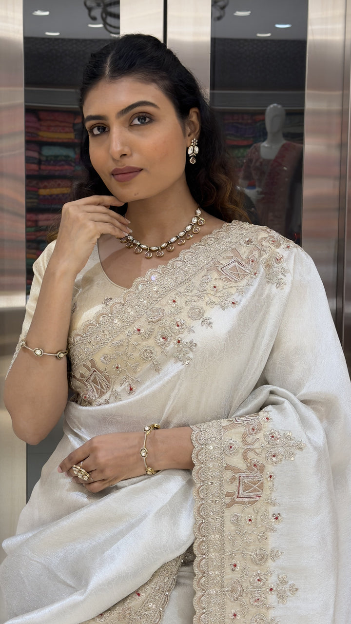 Ivory White Designer Embroidered Silk Saree with Handcrafted Border