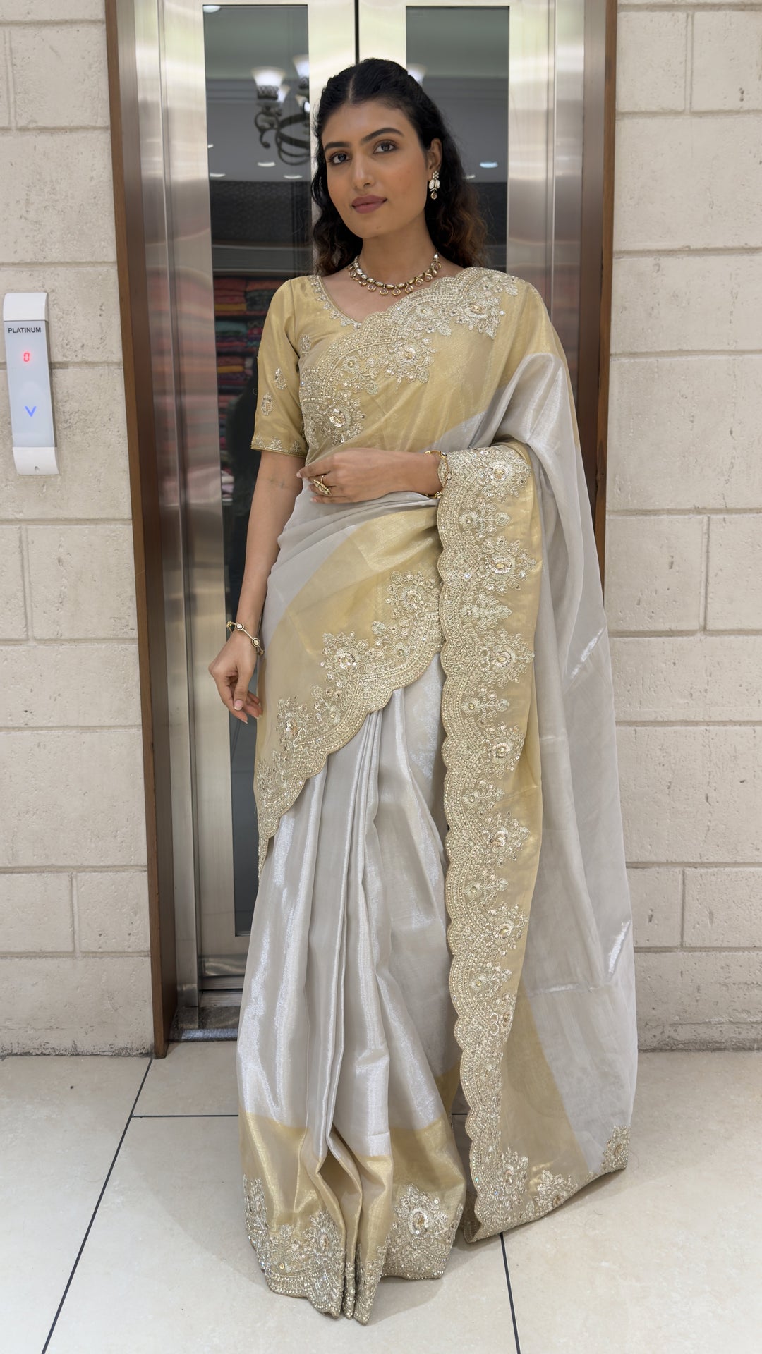 Ivory White Designer Tissue Silk Saree with Scalloped Hand Embroidered Border