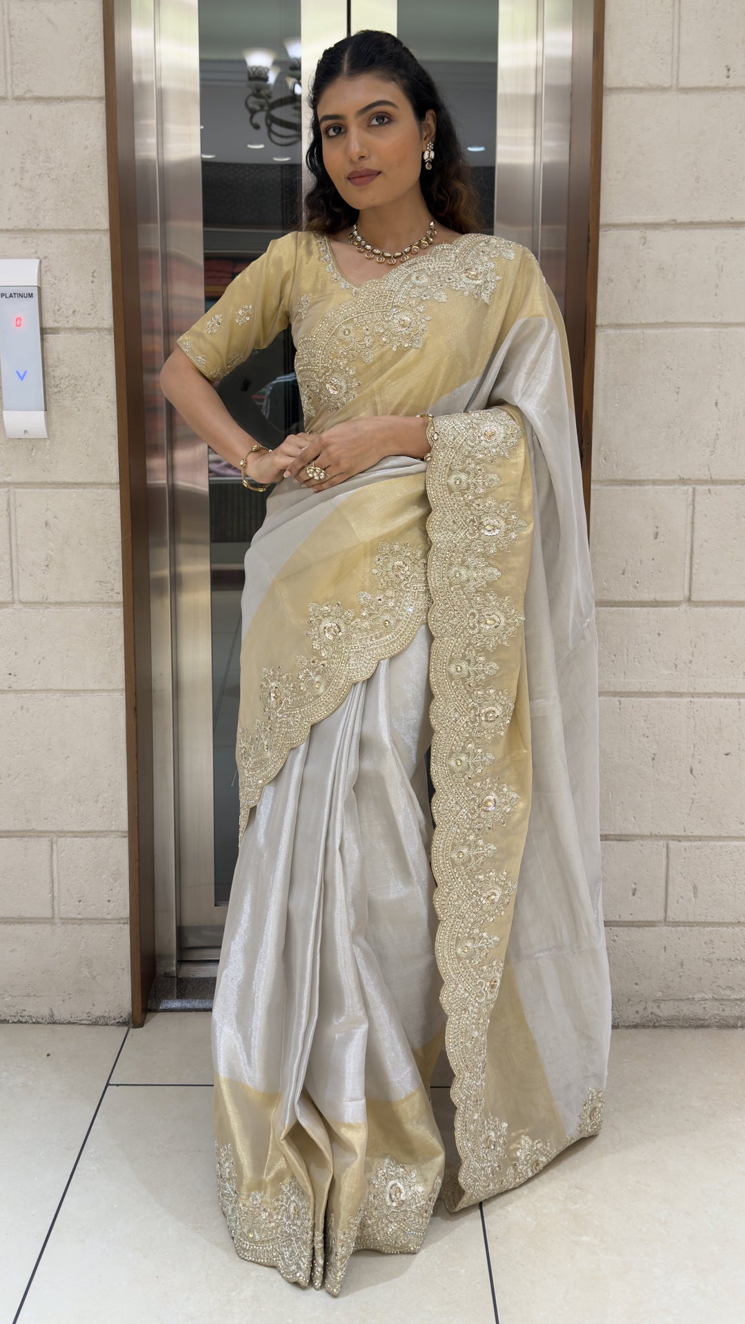 Ivory White Designer Tissue Silk Saree with Scalloped Hand Embroidered Border