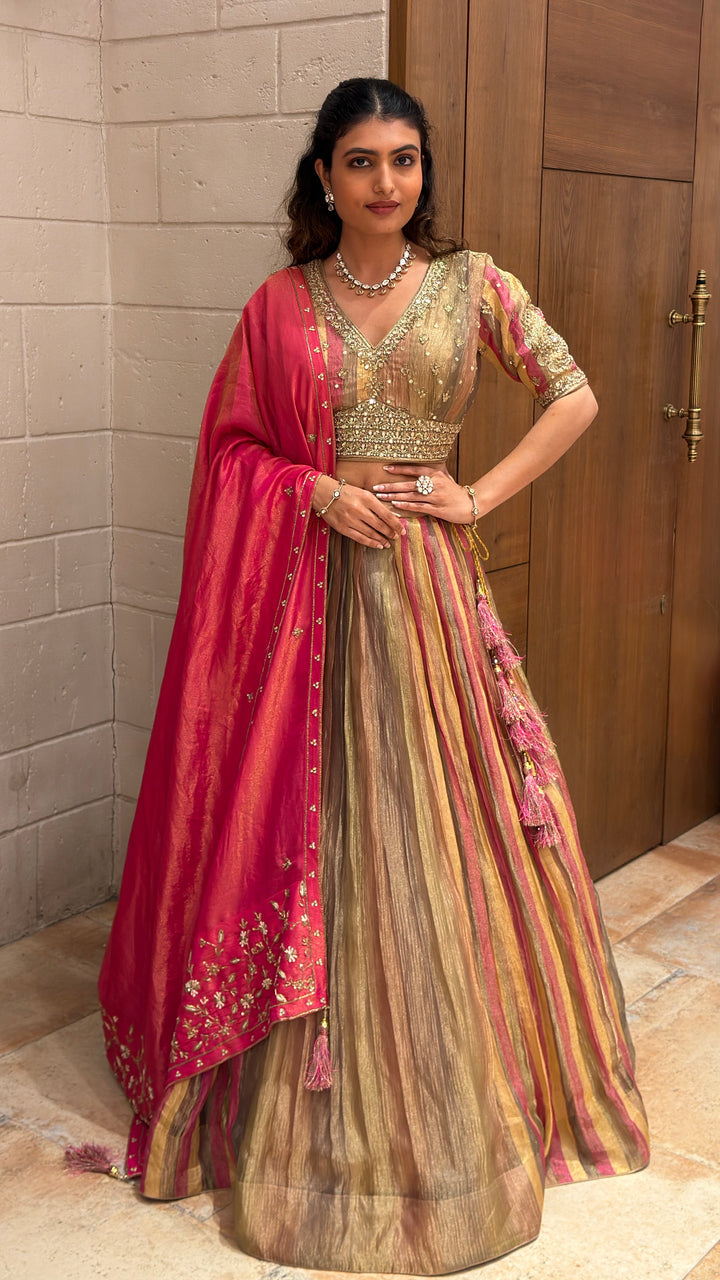 Designer Multicolour Striped Lehenga Set with Embellished Blouse & Pink Dupatta