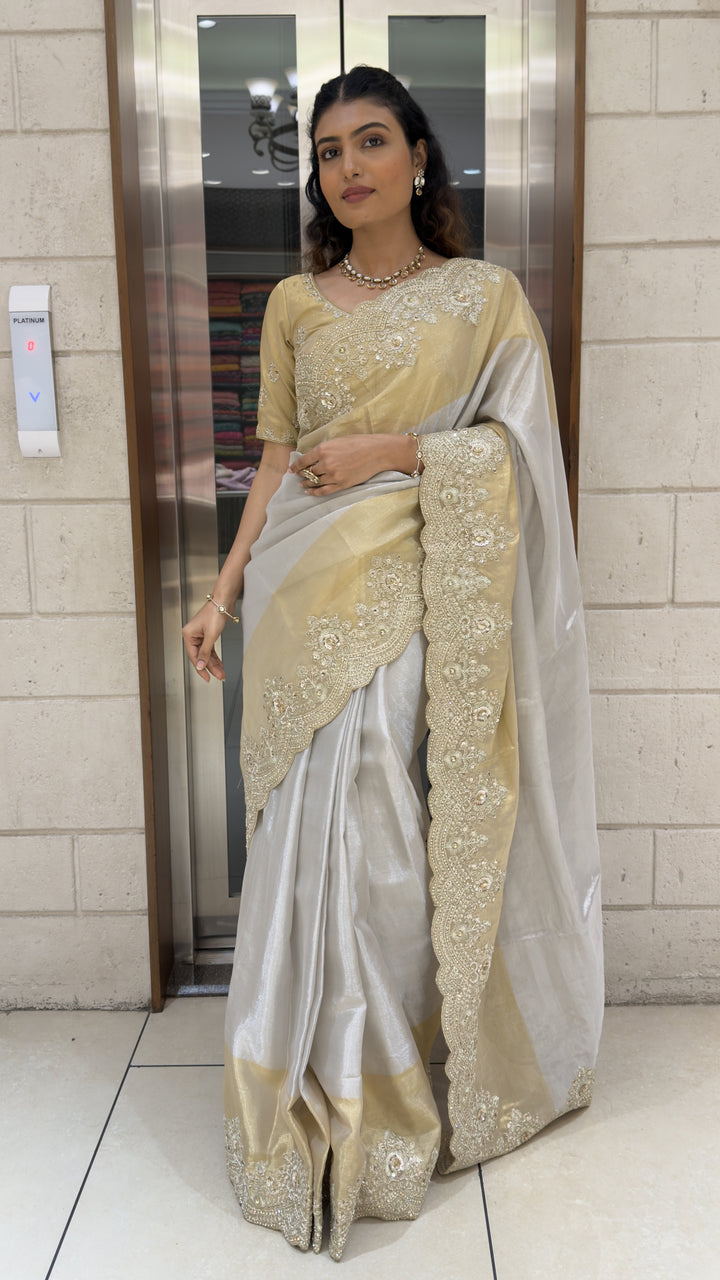 Ivory White Designer Tissue Silk Saree with Scalloped Hand Embroidered Border