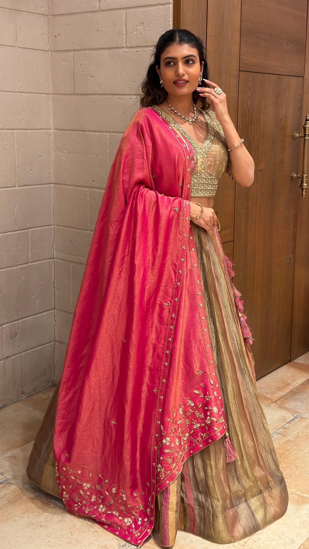 Designer Multicolour Striped Lehenga Set with Embellished Blouse & Pink Dupatta