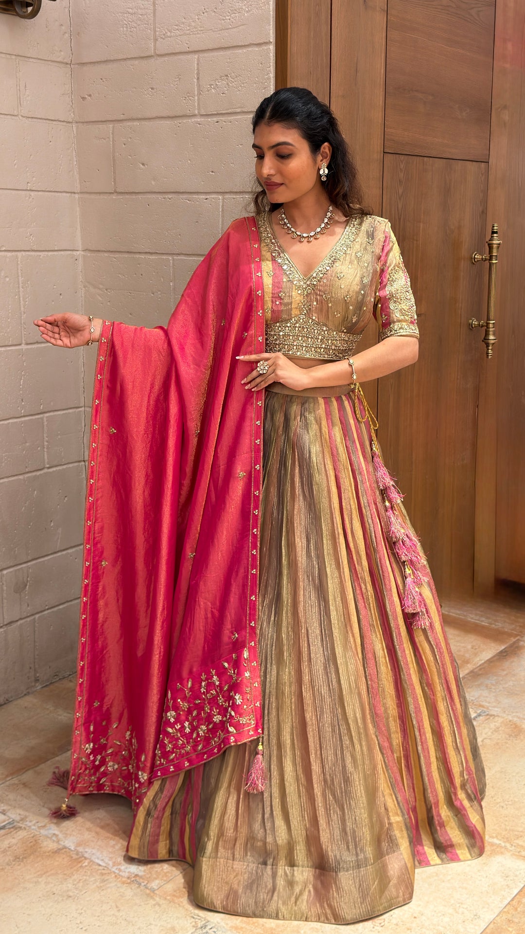 Designer Multicolour Striped Lehenga Set with Embellished Blouse & Pink Dupatta