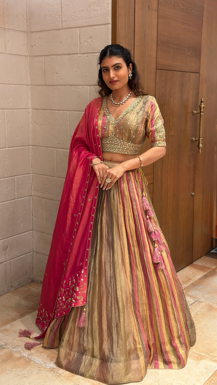 Designer Multicolour Striped Lehenga Set with Embellished Blouse & Pink Dupatta