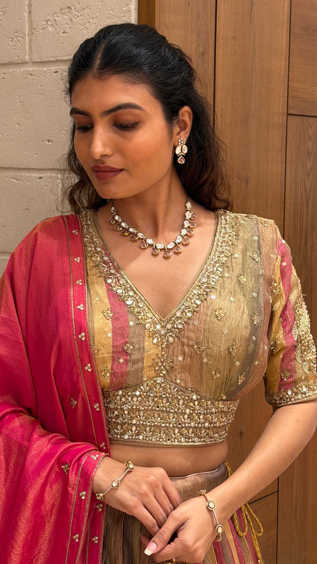 Designer Multicolour Striped Lehenga Set with Embellished Blouse & Pink Dupatta