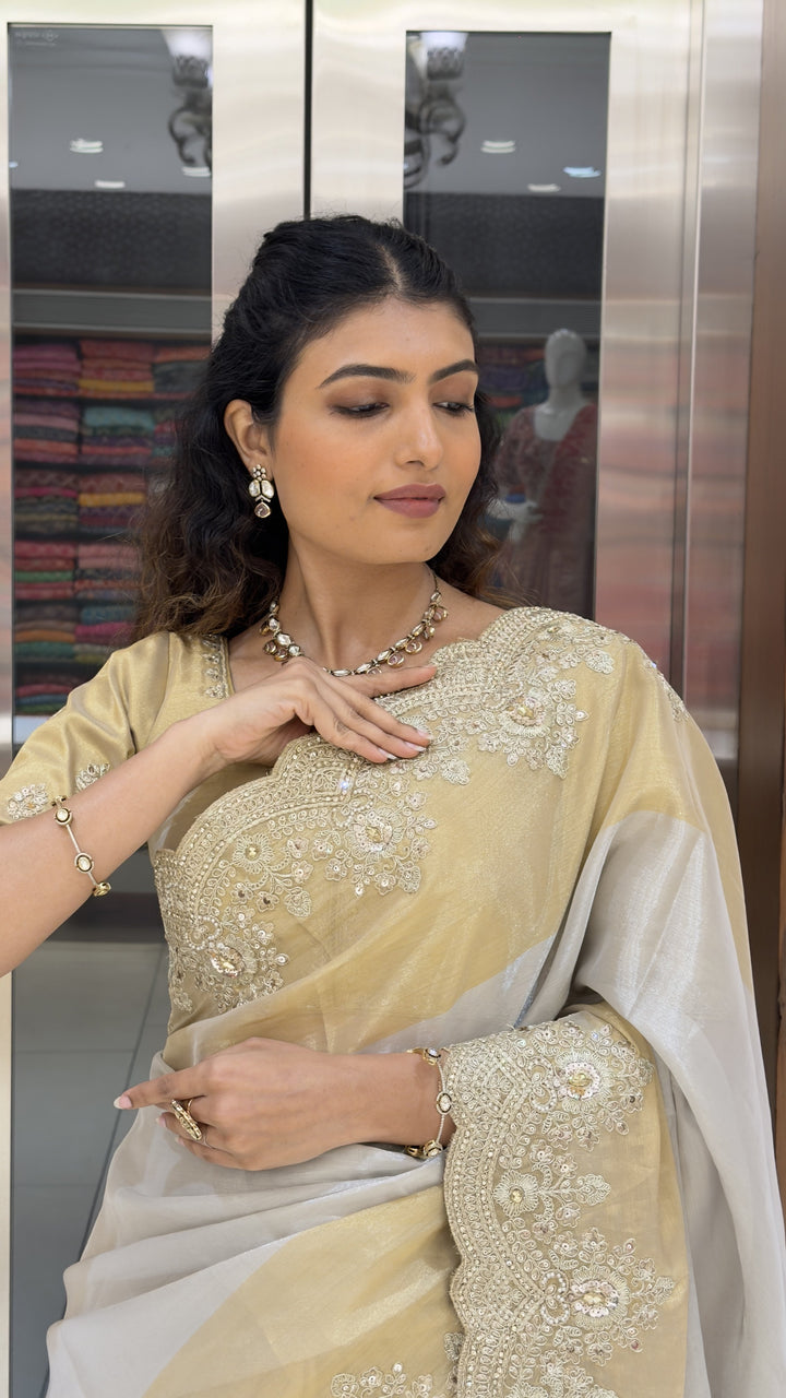 Ivory White Designer Tissue Silk Saree with Scalloped Hand Embroidered Border