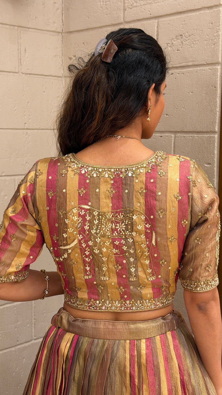 Designer Multicolour Striped Lehenga Set with Embellished Blouse & Pink Dupatta