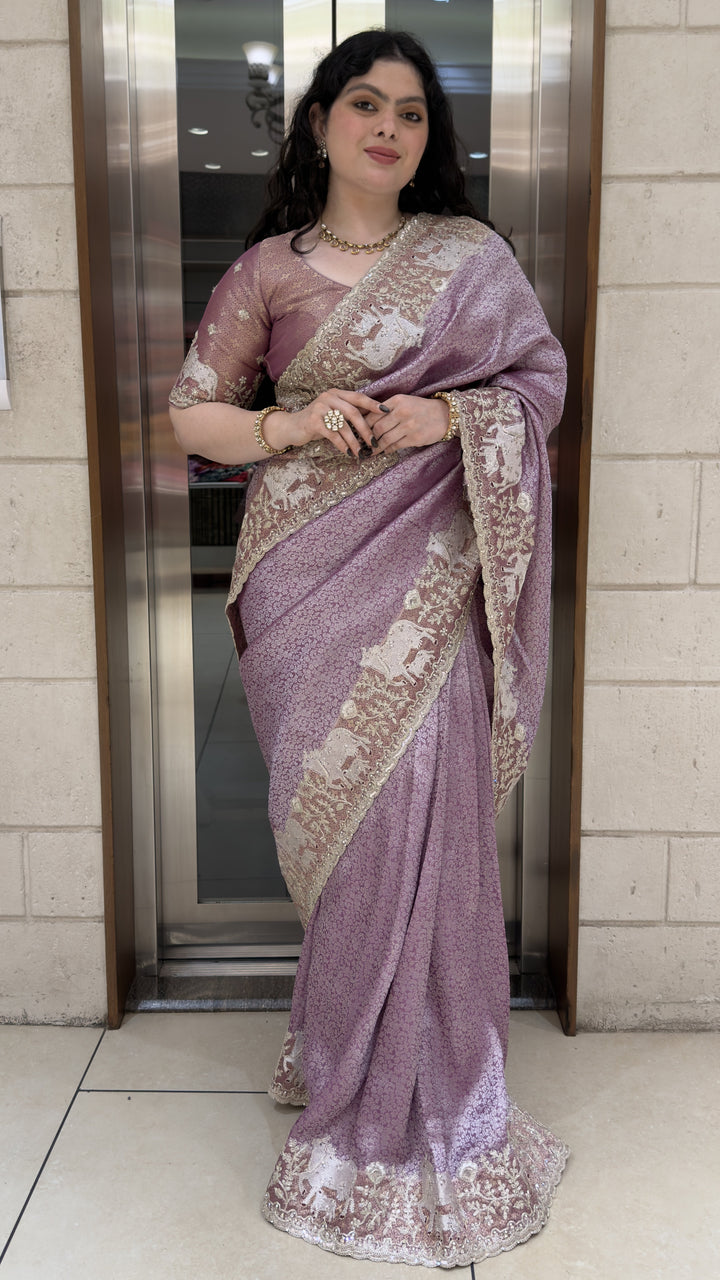 Lavender Mauve Designer Silk Saree with Elephant Embroidered Heritage Border