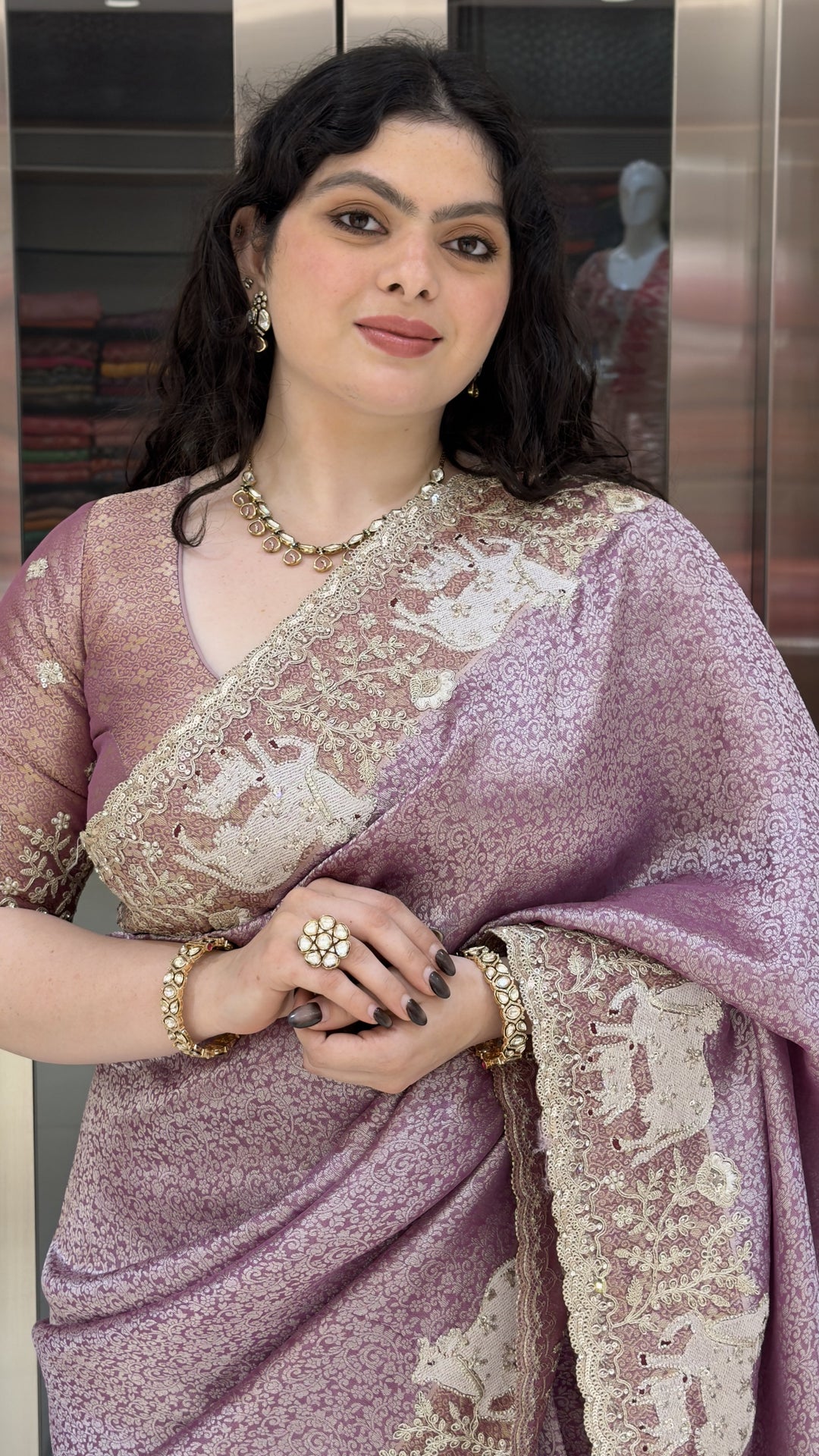 Lavender Mauve Designer Silk Saree with Elephant Embroidered Heritage Border