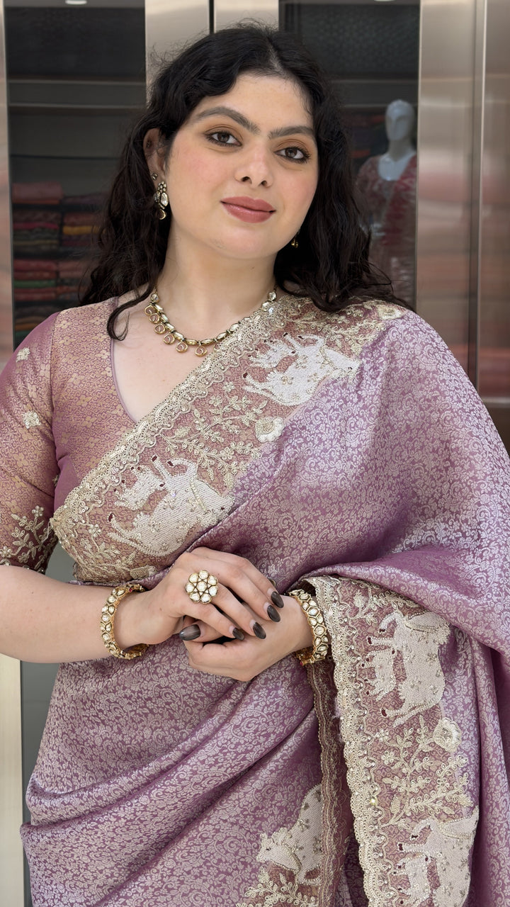 Lavender Mauve Designer Silk Saree with Elephant Embroidered Heritage Border
