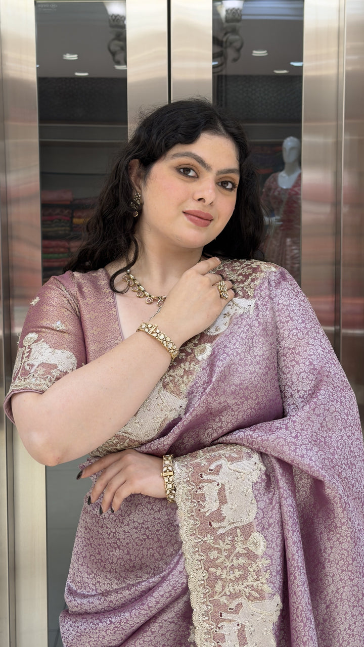 Lavender Mauve Designer Silk Saree with Elephant Embroidered Heritage Border