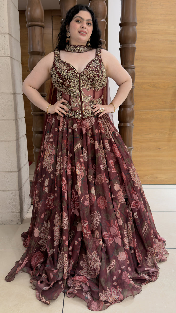 Wine Floral Printed Designer Lehenga Set with Embroidered Corset Blouse