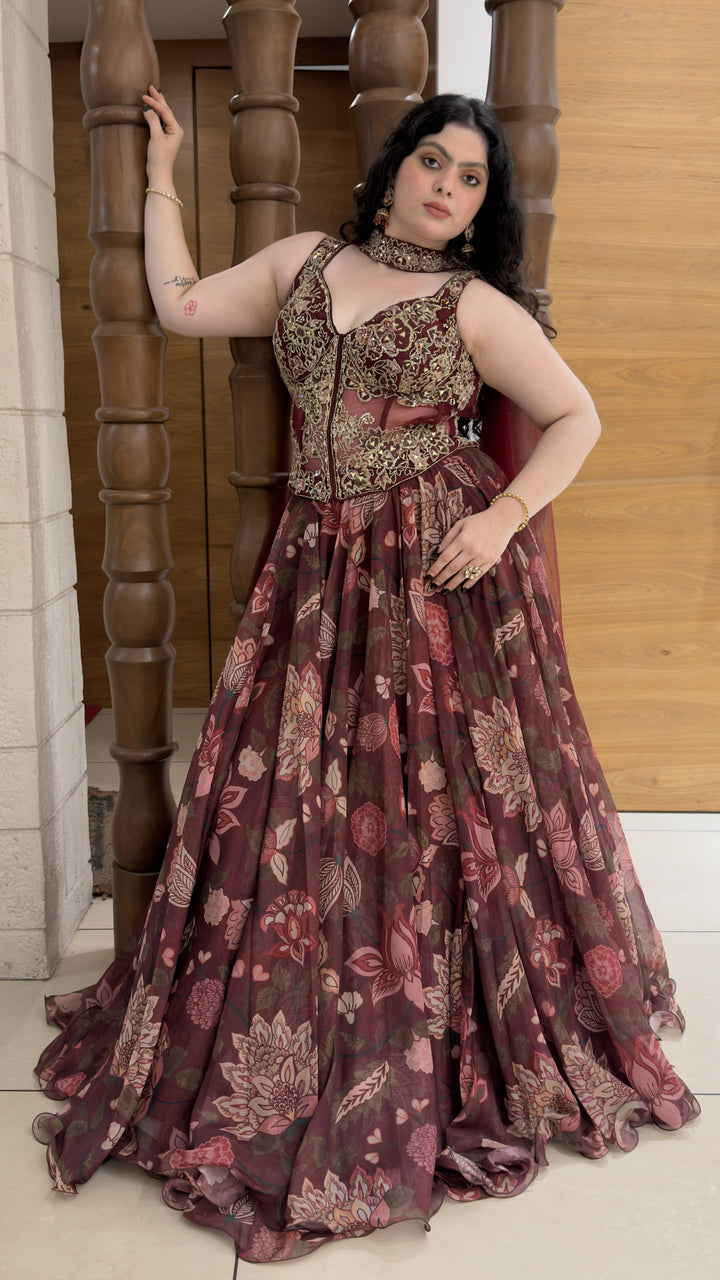 Wine Floral Printed Designer Lehenga Set with Embroidered Corset Blouse