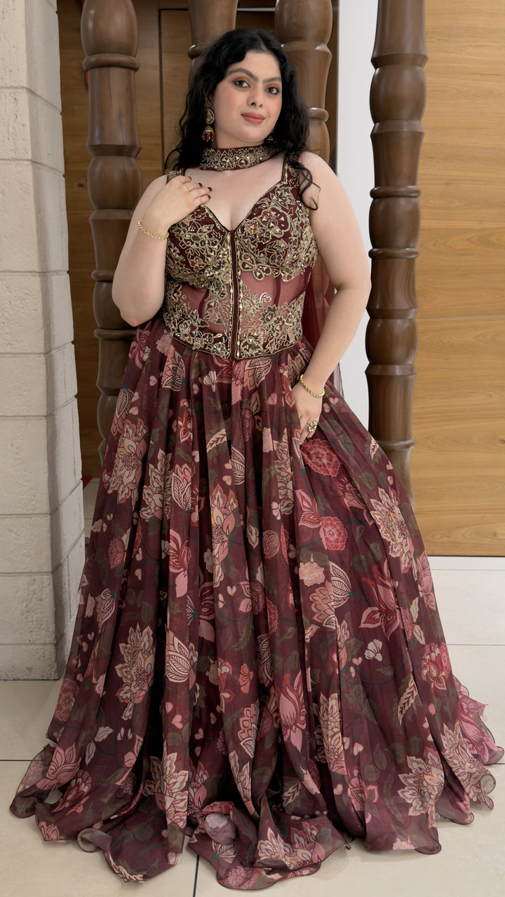 Wine Floral Printed Designer Lehenga Set with Embroidered Corset Blouse