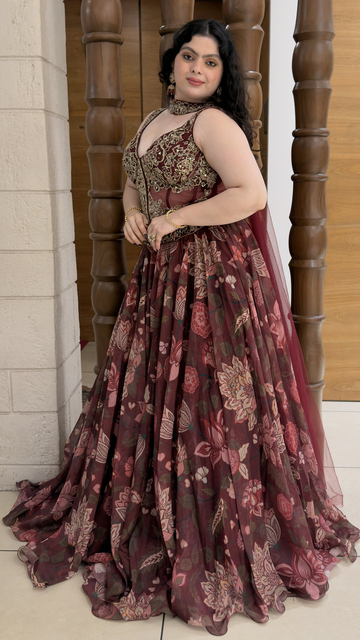 Wine Floral Printed Designer Lehenga Set with Embroidered Corset Blouse
