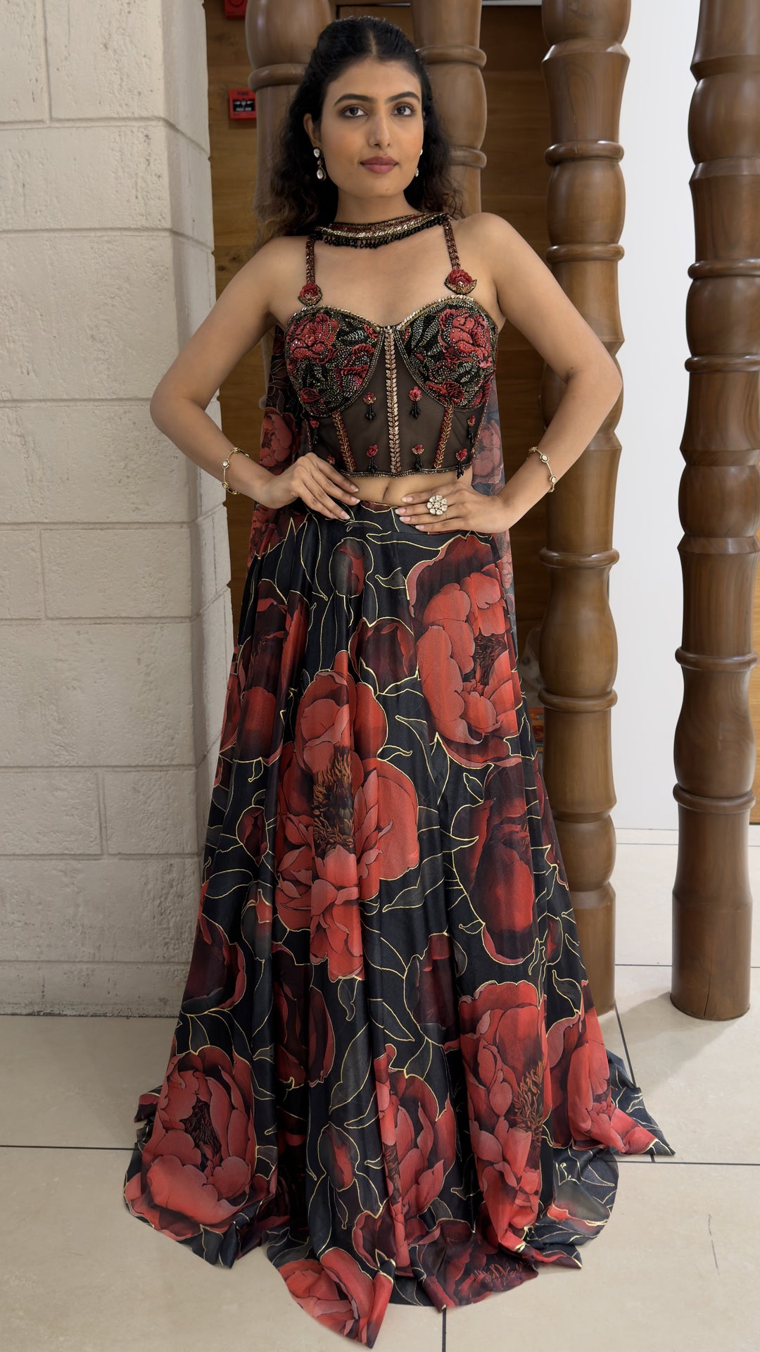 Black Floral Printed Designer Lehenga Set with Embroidered Corset Blouse