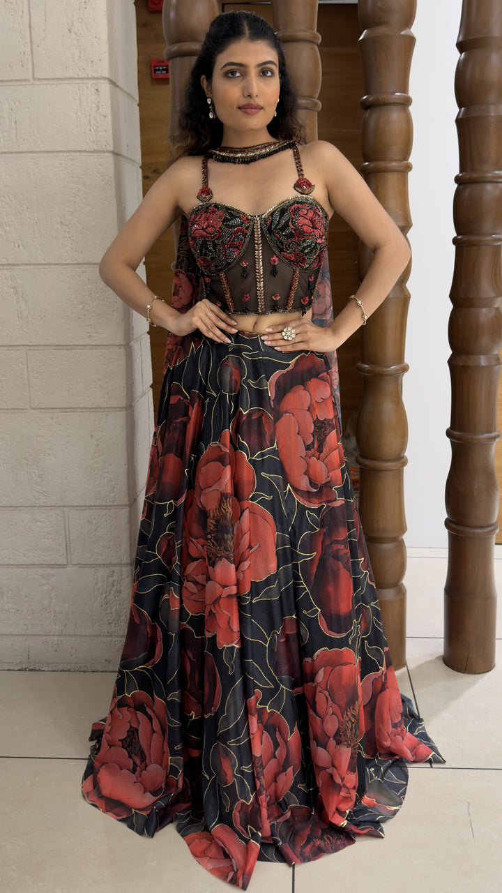 Black Floral Printed Designer Lehenga Set with Embroidered Corset Blouse