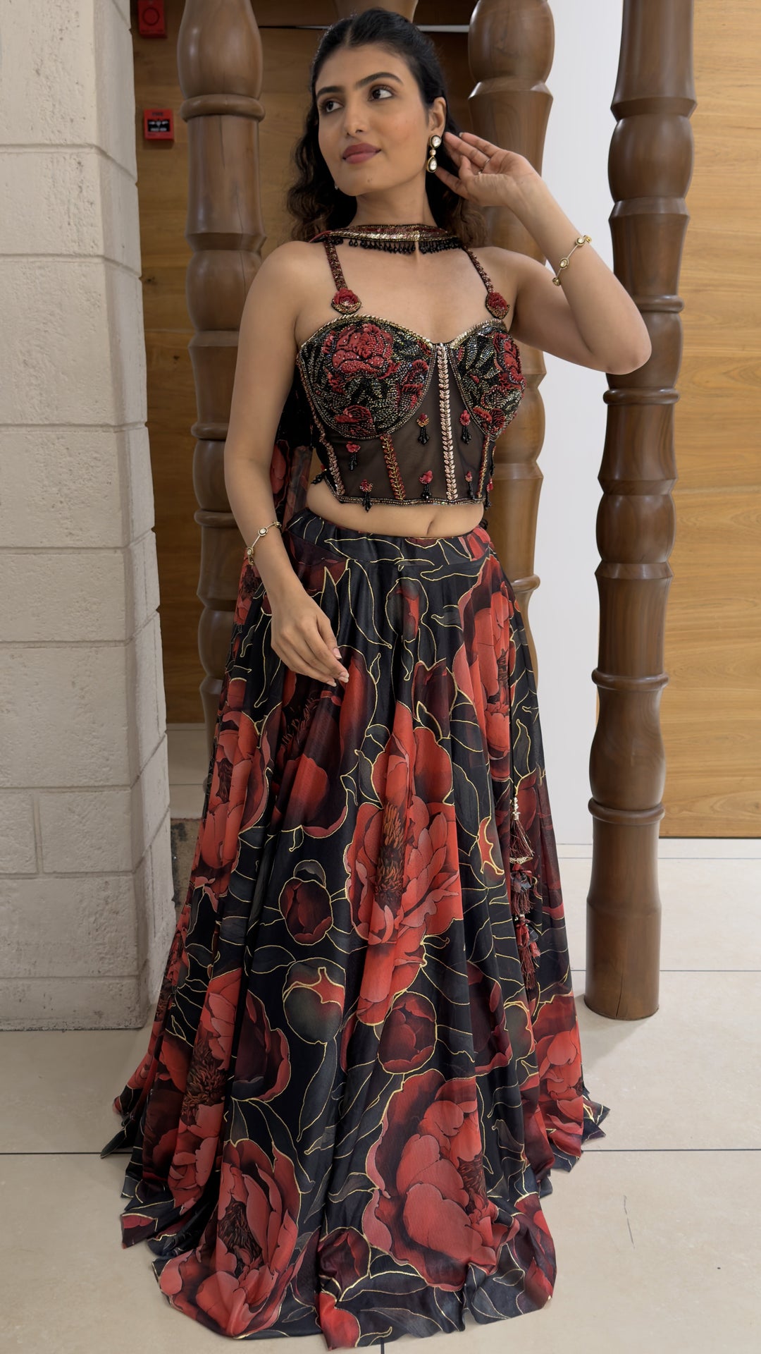 Black Floral Printed Designer Lehenga Set with Embroidered Corset Blouse