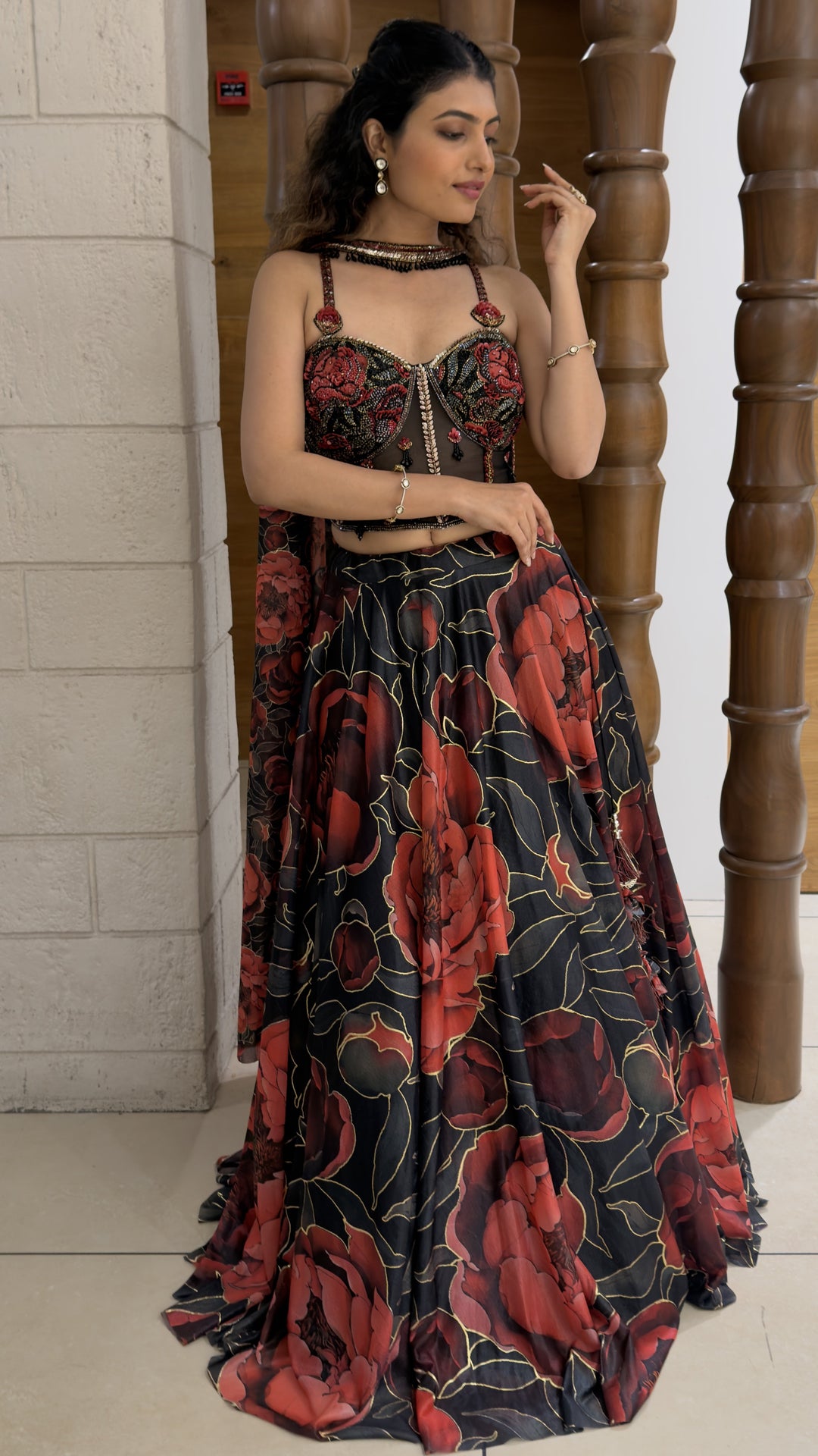 Black Floral Printed Designer Lehenga Set with Embroidered Corset Blouse