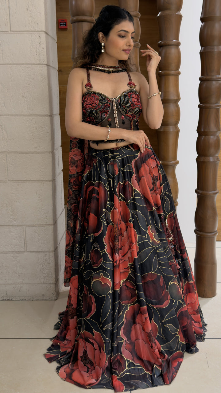 Black Floral Printed Designer Lehenga Set with Embroidered Corset Blouse