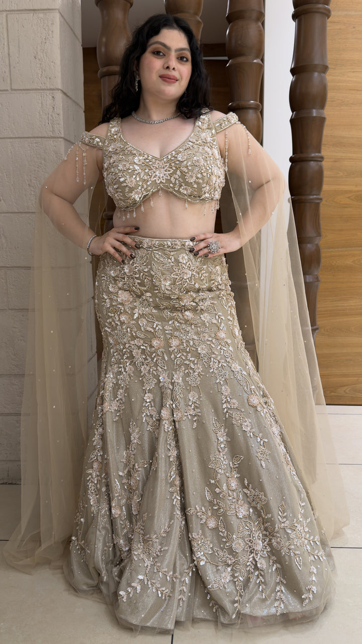 Champagne Gold Designer Mermaid Lehenga with Embroidered Cape Dupatta