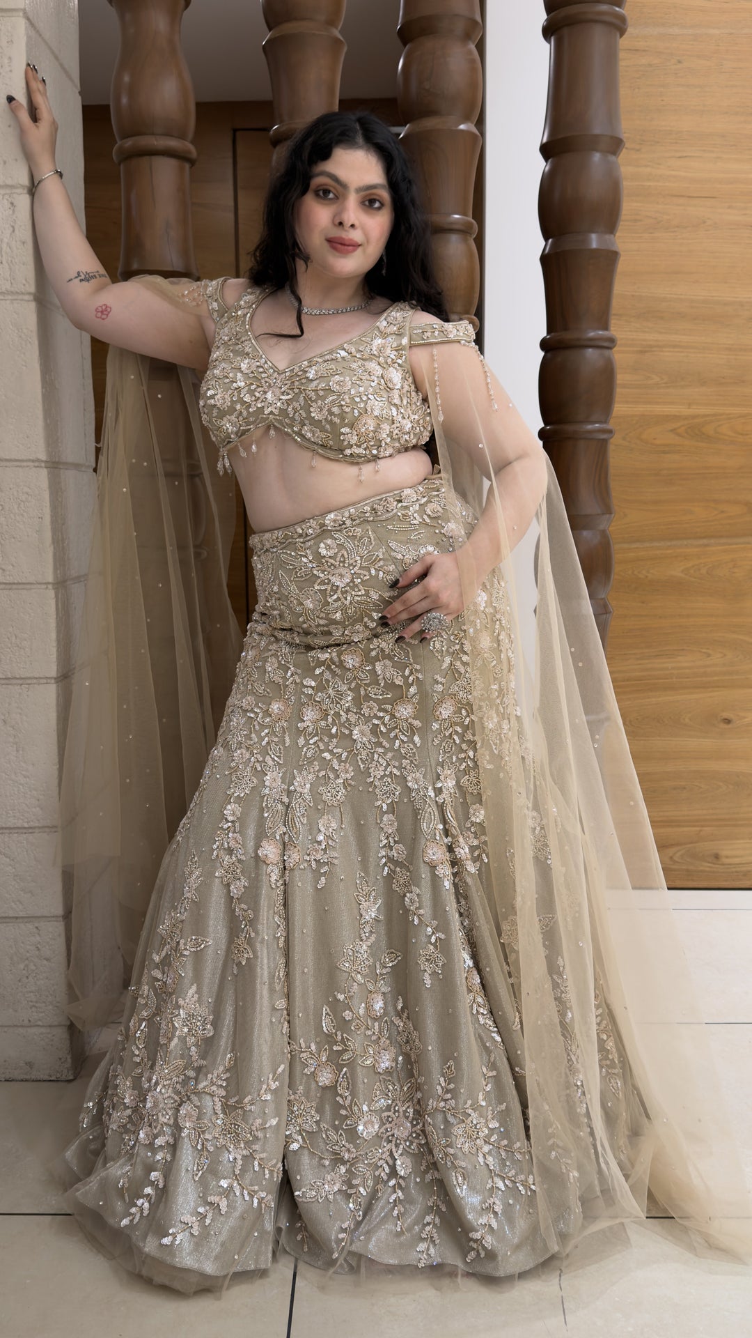 Champagne Gold Designer Mermaid Lehenga with Embroidered Cape Dupatta
