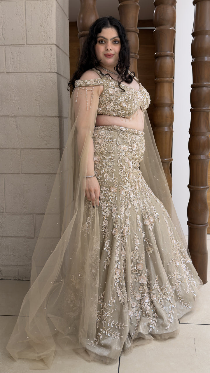 Champagne Gold Designer Mermaid Lehenga with Embroidered Cape Dupatta