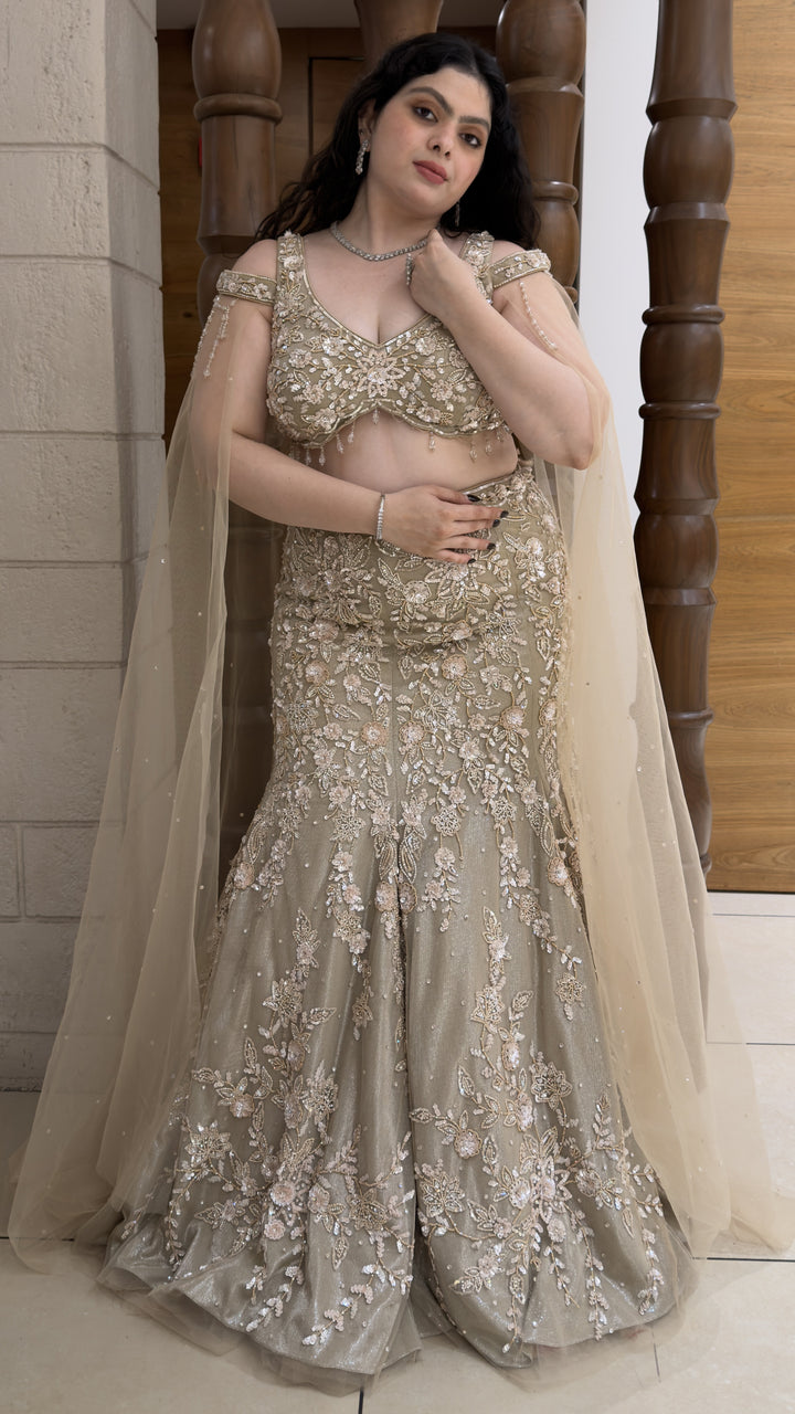 Champagne Gold Designer Mermaid Lehenga with Embroidered Cape Dupatta