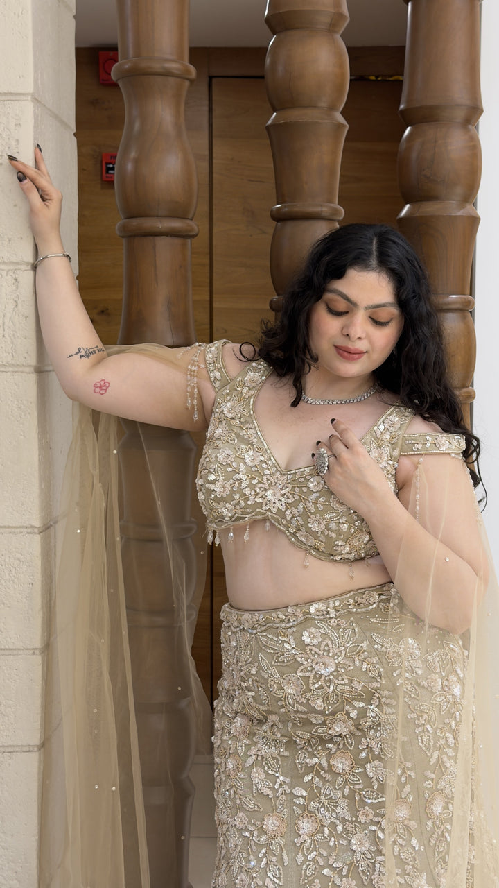 Champagne Gold Designer Mermaid Lehenga with Embroidered Cape Dupatta