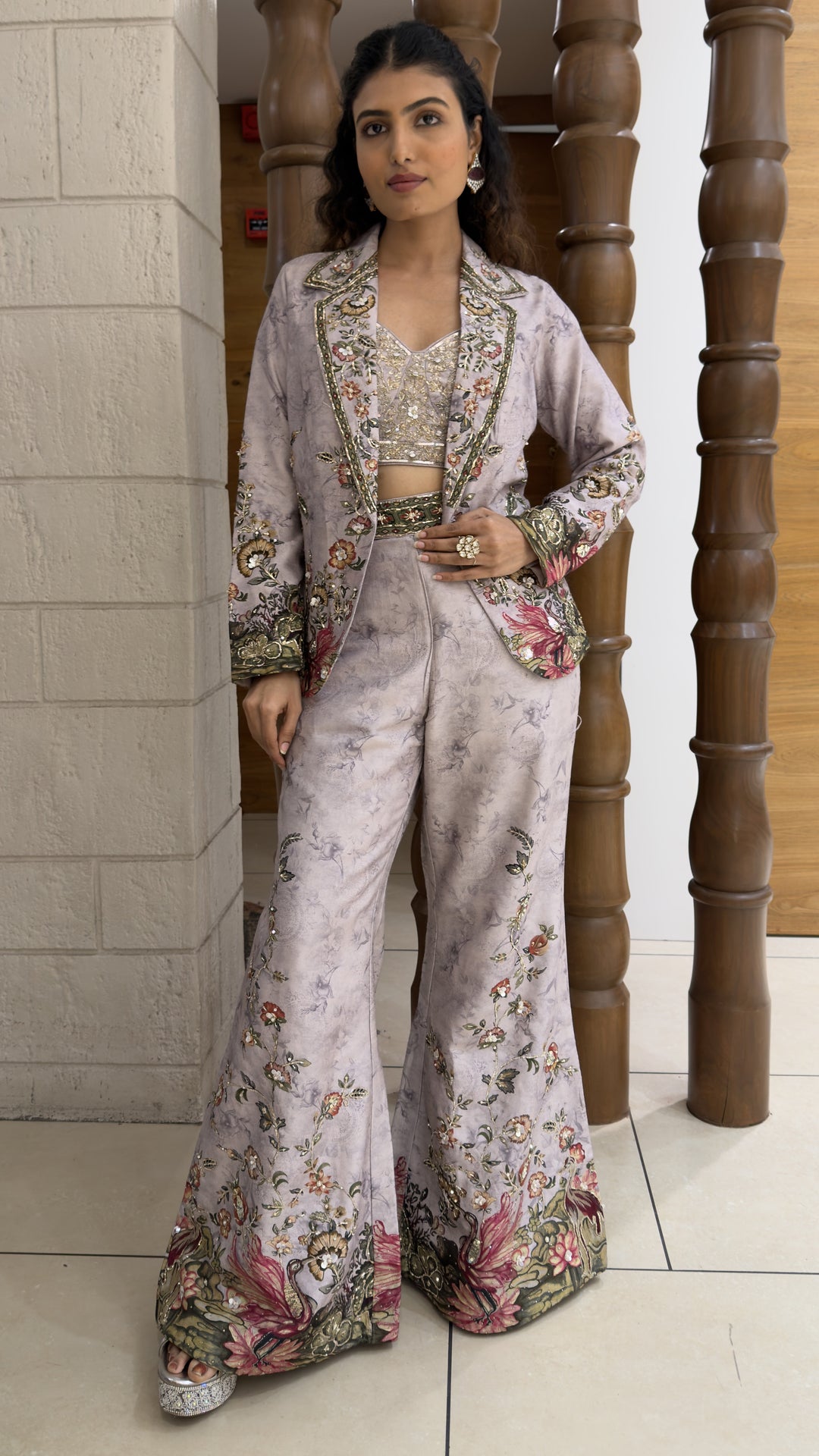 Lavender Floral Printed Indo-Western Jacket Palazzo Set