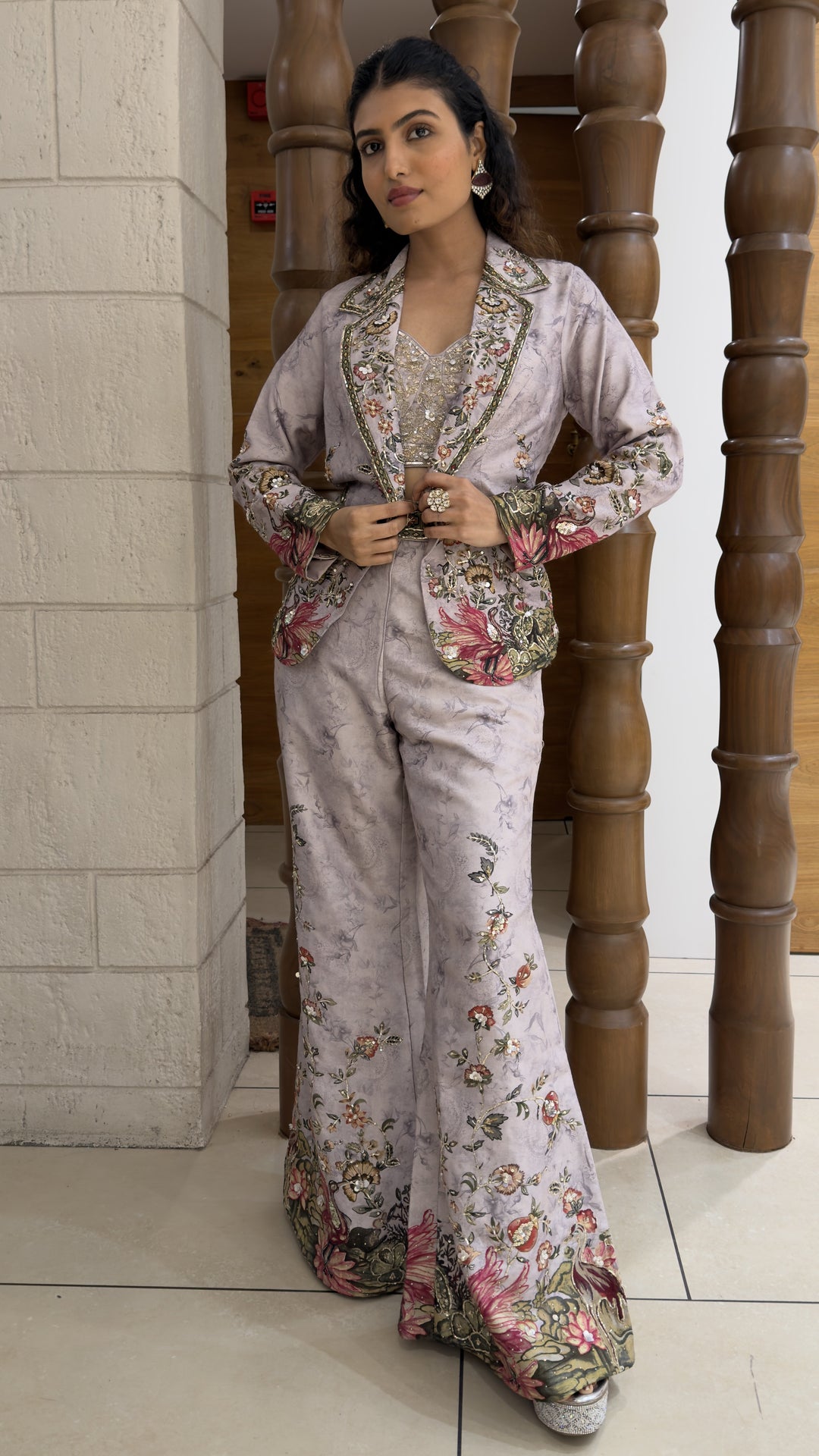 Lavender Floral Printed Indo-Western Jacket Palazzo Set