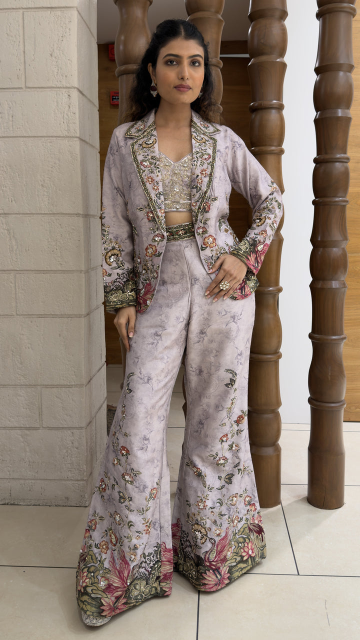 Lavender Floral Printed Indo-Western Jacket Palazzo Set