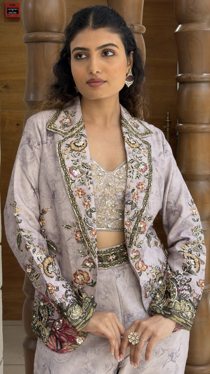 Lavender Floral Printed Indo-Western Jacket Palazzo Set
