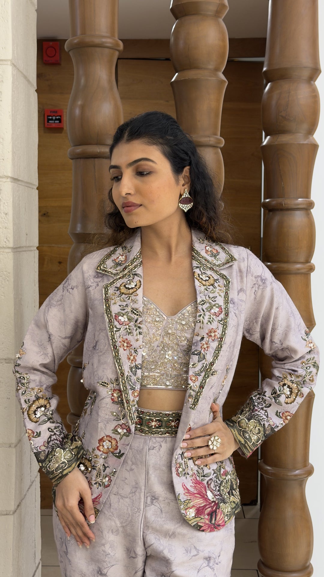 Lavender Floral Printed Indo-Western Jacket Palazzo Set