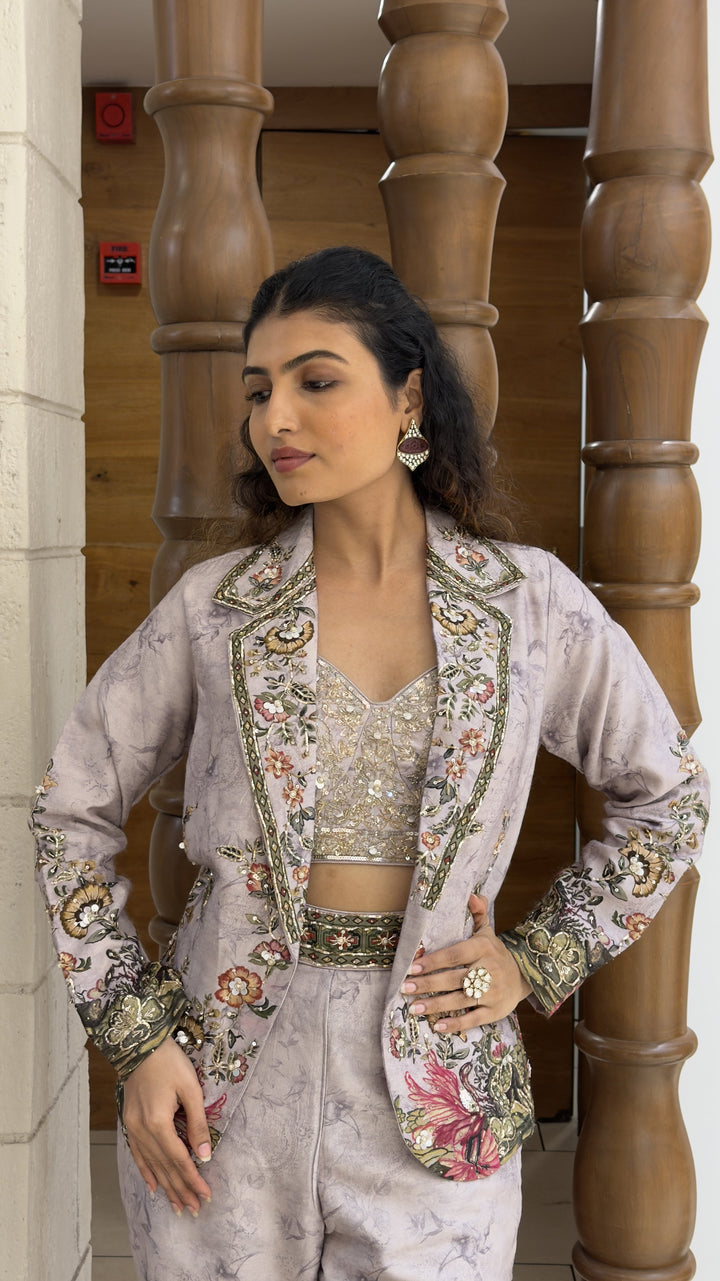 Lavender Floral Printed Indo-Western Jacket Palazzo Set
