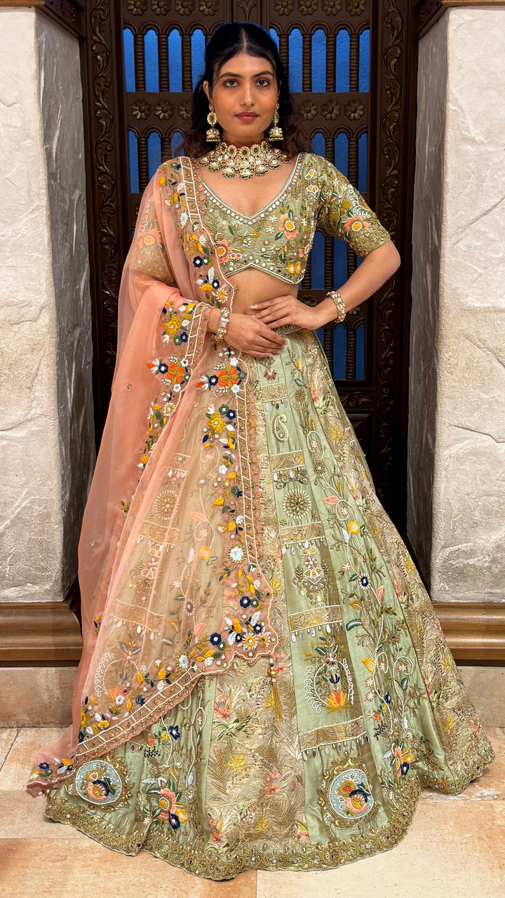 Sage Green Floral Embroidered Bridal Lehenga Set